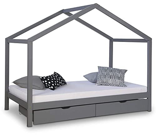 Homestyle4u 1923, Hausbett 90x200 Grau Kinderbett mit Lattenrost Bettkasten Montessori Bett Bodenbett Holzbett Kiefer