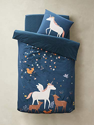 Vertbaudet Bettwäsche-Set für Kinder,Märchenwald Petrol Einhorn REH 140X150 - Kissen 63X63