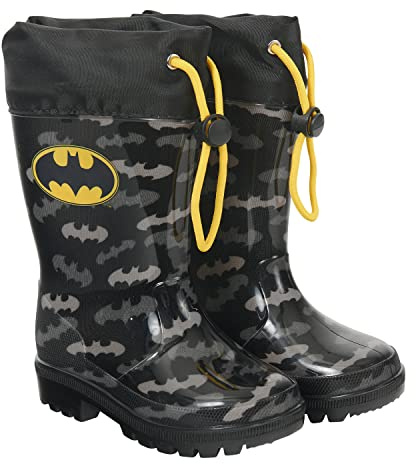 PERLETTI Botas de Agua Niño Impermeables Batman - Botines de Lluvia Color Nero y Gris con Murciélagos - Zapatos para Pequeños a Prueba de Agua Material PVC y Suela Antideslizante (Negro, 24/25 EU)