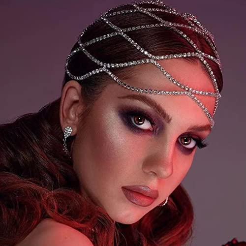 RUNRAYAY Rhinestone Mesh Headpiece Cap, Silver Roaring 1920S Belly Dance Crystal Flapper Head Chain Bridal Party Bridal Party Hair Accessories for Women Costume Party
