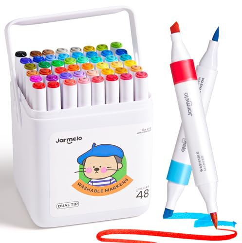 Jar Melo Washable Dual Tip Markers for Kids Ages 8-12, Brush & Chisel Tip, Water-Based Coloring Markers, Double-Tipped 48 Colors Marker Set with Storage Case, School Art Supplies for Boys & Girls
