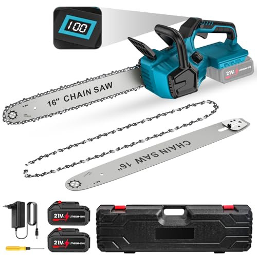 Tronçonneuse à Batterie 16 Pouces, 21V Tronçonneuse Électrique sans Fil avec 2 x 4,0 Ah Batteries, Moteur Sans Balais, Compartiment à Piles Double, Graissage Automatique & Tension de Chaîne Sans Outil