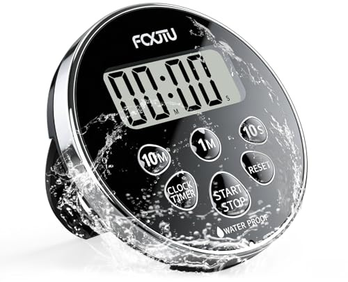 FCXJTU Waterproof Bathroom Shower Timer with Magnetic Back & Foldable Stand - IPX7 12/24H Shower Clock, 99 Min 50 Sec Countdown, Loud Alarm, Easy Setup for Kitchen, Gym, Pool Silver Black