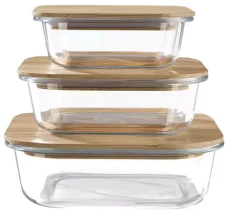 Glass Food Storage Containers with Bamboo Lids – Set of 3, Airtight & Reusable, Eco-Friendly Meal Prep Containers
