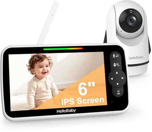 HelloBaby Baby Monitor Video 6, Schermo Grande con Telecamera e Audio, Batteria 4000mAh e Modalità ECO, Visione Notturna, Senza WiFi, Comunicazione Bidirezionale e 8 Ninne Nanne, Telecamera PTZ