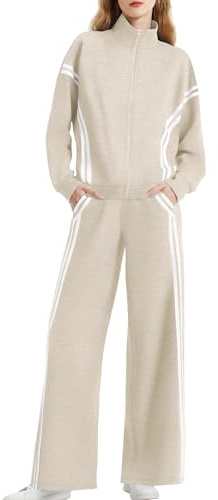 Casly Lamiit 2 Piece Lounge Sets for Women Track Sweatsuit Trendy Sweat Jackets Wide Leg Pants Jogging 2025 Spring Casual Travel Outfits Light Khaki XS