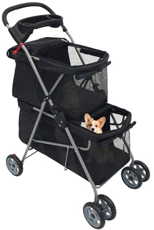 Premium husdjursvagn för hundar katter, hundvagn upp till 20 kg, 2-i-1 dubbelvåning med andningsaktiv, 360° svänghjul parkeringsbroms, vikbar transportvagn för promenader, resor, utomhus