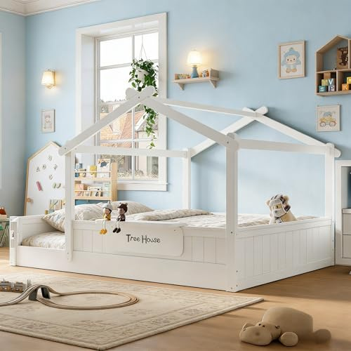 Queen Size Floor Bed for Kids, Solid Wood House Floor Bed with Roof, Built-in Shelfe, and Free-installed Signboard, Montessori Floor Beds Frame for Kids, Boys, Girls, Childlike Design, White