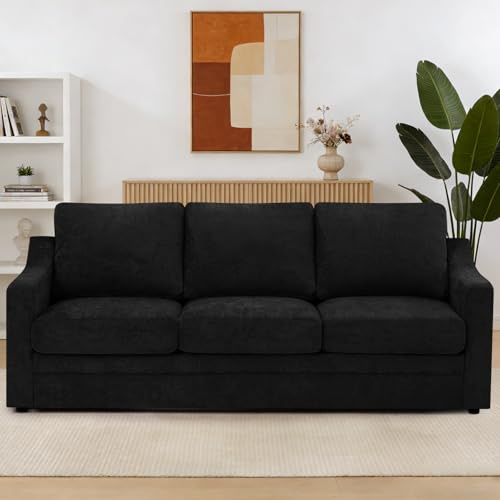 ACMEASE 83” Chenille 3 Seats Sofa w/Comfortable Back Cushions & Curved Armrests, Modern Couch w/Deep Seat Space, Upholstered 3 Seater Sofa w/High Resiliency Foam for Living Room, Black
