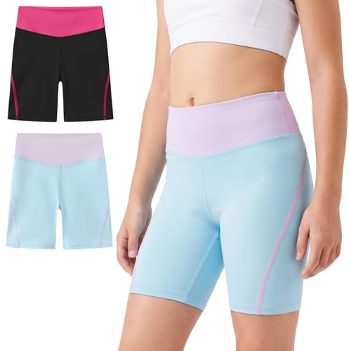 Keyck Pantaloncini da Ciclismo per Bambine, 2-Pack Traspirante Sportivi Pantaloni Ragazze Leggings Corti Morbido Elastici Vita Alta Sport Danza Ginnastica Scuola Shorts per 12-13 Anni, Nero + Azzurro