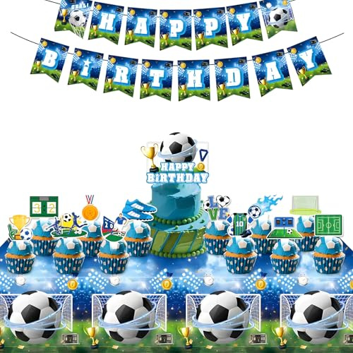 pekifaves Kit Compleanno Calcio, decorazione per torta di calcio, decorazione di compleanno, ragazzo, striscione di calcio, decorazione per torte, cupcake, Blu Decorazione Torta Feste a Tema