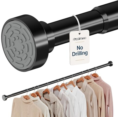 Supforce Wardrobe Rail, No-Drill Wardrobe Hanging Rail, Non-Slip Adjustable Heavy Duty Tension Wardrobe Rail, 43-135cm Spring Rail for Wardrobe, Closet, Cloakroom, Bathroom, Laundry, RV – Black