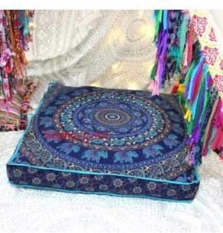 Sophia Art Indischer Elefanten-Mandala-Bodenkissen, quadratisch, Ottoman, Tagesbett, Übergröße, Kissenbezug, Baumwolle, Sitzkissen, Sitzkissen, Hunde-/Haustierbett, Blau