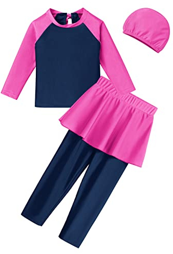 IMEKIS Girls Modest Muslim Swimwear UPF 50+ UV Islamic Hijab Swimsuit Long Sleeve Top Shirt with Short Pants Swim Cap 3pcs Bathing Suit Beachwear