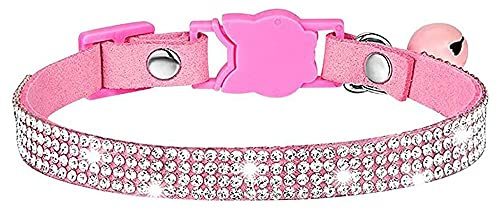 Serijoars Cat Collars,Rhinestone for Girl Cats Bling Kitten Flower Adjustable Breakaway Collar with Bell Soft Velvet Leather Collar for Puppy Small Dogs (Pink)