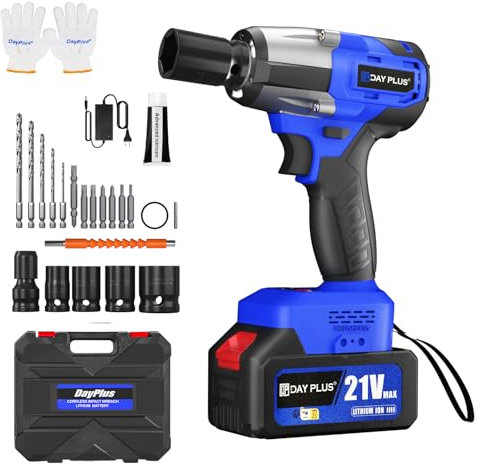 Yiyai 21V Bürstenlos Akku Schlagschrauber Set 1/2 Zoll Vierkantantrieb, 450Nm Drehmoment, Elektrowerkzeug mit 4 Einsätzen, 5 x Bohrer, 7 x Schraubendreher Bits
