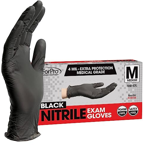 ForPro Disposable Nitrile Exam Gloves, Medical Grade, 4 Mil Extra Protection, Powder-Free, Latex-Free, Non-Sterile, Food Safe, Black, Medium, 100-Count