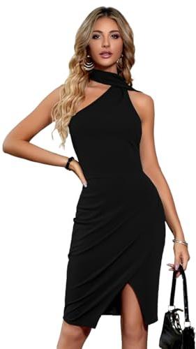 KOEMCY Robe sans Manche Femme Asymétrique Col Drapé Robes Chic Et Elegant Cocktail Soirée Fendue Milongue Summer Dress Moulante Élégante pour Fête Cérémonie Mariage