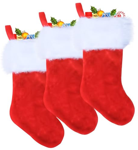 POPOYU 3Pcs Luxury Plush Red Christmas Stockings Set,Extra Thick Red Velvet Large Christmas Socks with White Soft Plush Cuff,Hanging Sack Xmas Fireplace Decorations for Christmas Home Party Supplies