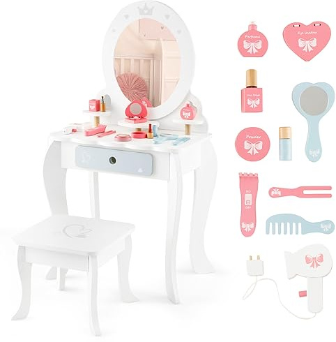 RELAX4LIFE Toeletta Trucco per Bambina, Specchiera Trucco con Sgabello e Accessori da Trucco, Toeletta in Legno, Specchio Rimovibile, per Bambini 3+ Anni (OVALE, 34x50x93cm)