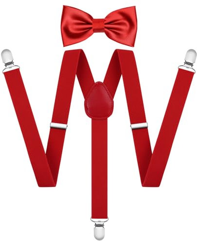 AOOWU Hosenträger für Herren, Breit 2.5 cm mit sehr Starken 3 Metall Clip, 2er Set mit farblich passender Fliege, Einstellbar und Elastisch Einheitsgröße für Männer und Damen, X Style (Rot)