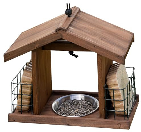 Vogelhaus aus Holz mit Futternapf oder Trinknapf als Metallschale für den Garten/Balkon zum Aufhängen Vogelfutterhaus Futterstation für Energieblock
