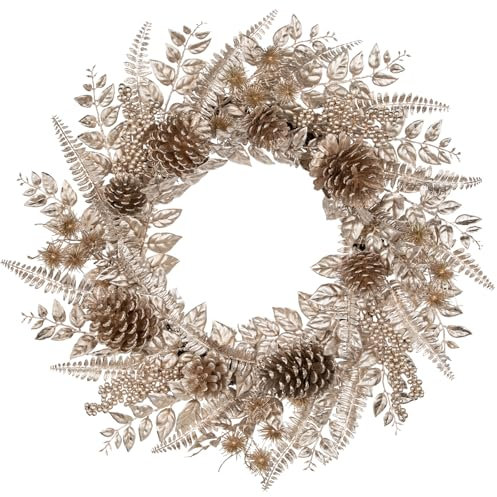 Hollyone 60cm Weihnachtskranz Türkranz, Champagner Gold Deko Kränze für Haustür, Künstliche Kränze mit Tannenzapfen, Farn, Beeren, Winter Tischkränze für Weihnachtsdeko, Advent, Feiertagsdekoration