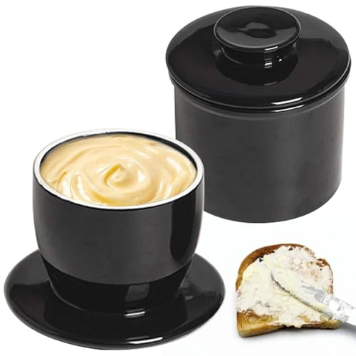 Burriera francese, in ceramica con coperchio rotondo, raffreddato ad acqua con linea di galleggiamento, campana per burro in ceramica, per burro spalmabile, colore nero