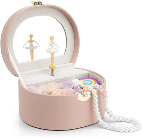 Vlando Boîte à bijoux musicale avec ballerine rotative - Boîte de rangement à bijoux pour enfants avec couvercles - Pour bracelets, bagues, colliers - Rose