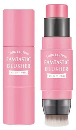 KARLOR 2-in-1 Blush Stick Set, Blush Stick with Brush, Pink Blushes Stick Rose cream Blusher matt Blush Stain Set creamy Rouge Face matte waterproof Naturally healthy Cheek Blush (01 PINK)
