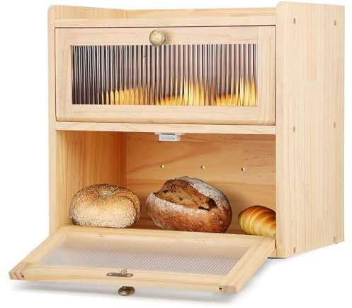 Wesditly Panera de 2 Capas para Encimera, Madera con Ventanas y Rejillas de Ventilación para Pan y Alimentos Secos