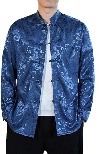 YOSUWOAI Hommes Chinois Tang Costume Veste Manches Longues Arts Martiaux Kung Fu Chemises Chinois Costume National Dragon Chinois Chemise Homme Vintage Chemise Traditionnelle, O bleu., XXL