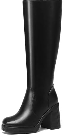 Glamnest Black Knee High Boots For Women Black Leather Boots PlatForm Boots Square Toe Chunky Block Heeled Gogo Boots Tall Boots 7.5