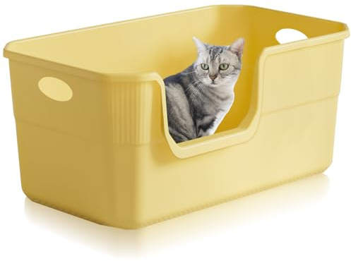 Lighterday Lettiera per gatti con bordi alti, 50 x 35 x 22 cm, con apertura superiore, extra large, in plastica, impermeabile, per gatti, gattini e conigli (giallo, 50 x 35 x 22 cm)