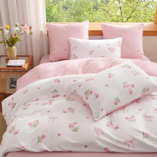 Freyamy Blumen Bettwäsche 135x200cm 2teilig Weiß Rosa Grün Tulpen Floral Schleifen Herz Mädchen Wendebettwäsche Set Microfaser Kinder Bettbezug mit Reißverschluss und 1 Kissenbezug 80x80cm