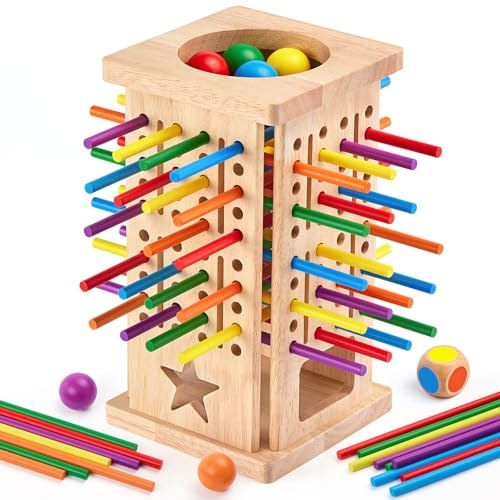 Montrix Juguetes Niños Juegos Montessori, Torre de Madera con 42 Palitos Coloridos y Dados, Juego de Mesa Educativo Familiar, Juguetes Motricidad Fina Cumpleaños Regalo para Niños Niñas 3 4 5 6 Años