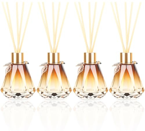 Reed Diffuser Bottle Set, 4 Refillable Glass Bottles with Gold Leaf Detail – Diamond Design with 20 Reed Sticks, Designed to Create a Consistent Look Throughout the Home (4PCS Gold)