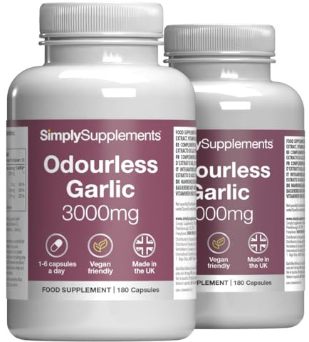 High Strength Odourless Garlic Capsules with Added Vitamin C, Thiamine and Iron | 360 Vegan & Vegetarian Capsules | Heart Health & Circulation Support | Fast Release & Absorption | UK Made