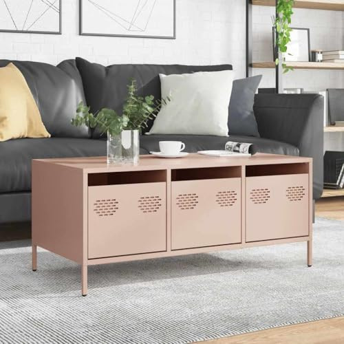 ULUYYUC Mesa de centro diseño industrial rosa acero laminado en frío con 3 cajones patas ajustables mesa auxiliar para sala de estar dormitorio 101,5 x 50 x 43,5 cm