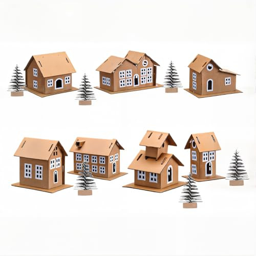 Eaasty 7 Pack 6 Set Putz Style DIY Cardboard Vintage Houses, Vintages Houses Craft Kit with Mini Christmas Tree for Christmas Craft Holiday Decorations (Vintage)