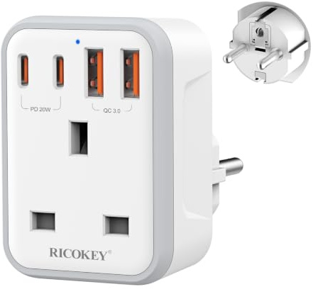 Uk to European Travel Plug Adapter PD 20W Fast Charge USB-C QC 3.0 Grounded EU European to UK Power Plug Adaptor Charger for Germany Spain Turkey France Greece Iceland Poland and More (Type E/F)
