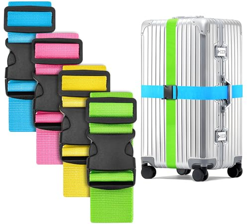 WISYOK Luggage Straps Extended, 4 Pack, 130-250cm Adjustable, Four Colours | Case Strap for Suitcase, Luggage Belt with Quick Release Buckle, Suitcase Identifier for Travel, Flight, Vacation, Trip