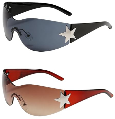 Shengxi 2 Pièces Lunettes de Soleil Sans Monture pour Femme Homme - Y2k Enveloppant Futuriste de Mode avec Étoile (Noir + Marron)