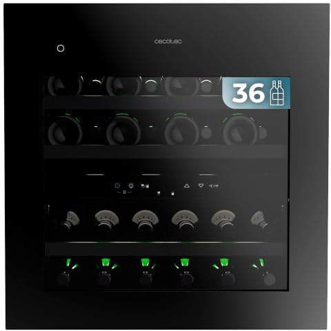 Cecotec Vinoteca Integrable 36 Botellas 60x60cm con Compresor Bolero GrandSommelier Duo 36000 Touch Matt Black Compressor. Apertura con Sensor Táctil, Doble Zona Temperatura, Display, Estantes Madera