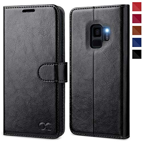 OCASE Samsung Galaxy S9 Hülle - Premium Leder Handyhülle Mit Standfunktion, Kartenfach, Magnetverschluss - Schlanke Brieftasche Schwarz