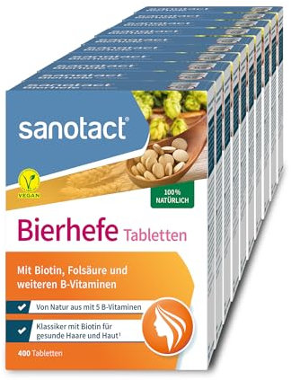 sanotact Bierhefe Tabletten (10 x 400 Tabletten) • 100% natürliche Bierhefe vegan • Mit Biotin für schöne Haare & gesunde Haut • 6 B-Vitaminen • Auch für Hunde geeignet • Hefetabletten