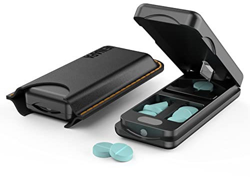 JEINAPA Cortador de píldoras con dispositivo de centrado automático, divisor de pastillas de aluminio con hoja inoxidable 316L, funda de piel auténtica, divisor profesional de pastillas para cortar
