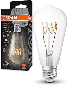 OSRAM Vintage 1906 Classic Edison FIL LED-Lampe, E27, klar, 4,8W, 470lm, 2700K, warmweißes Licht, dimmbar, neues, ultraschlankes Filament, sehr geringer Energieverbrauch, lange Lebensdauer