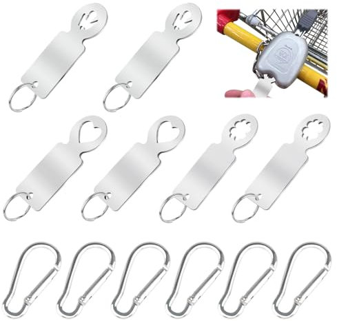 6 Piezas Ficha de Carro de La Compra, 3 Modelos de Fichas Carrito Acero Inoxidable con 6 Hebillas y 6 Llaveros, Metálico Chip Carrito Compras, Movible Llavero para Carrito Compra