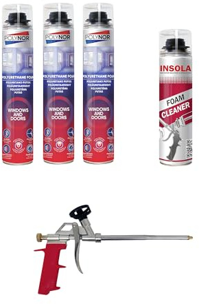 Mousse Polyuréthane Expansive Pistolable 750 ml | Montage, Isolation et Calfeutrage, Spéciale Huisseries et Menuiseries, 3 + 1 Pistolet + 1 Nettoyant